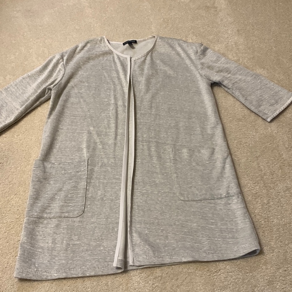 Eileen Fisher light gray open cardigan short sleeve duster two pockets X…